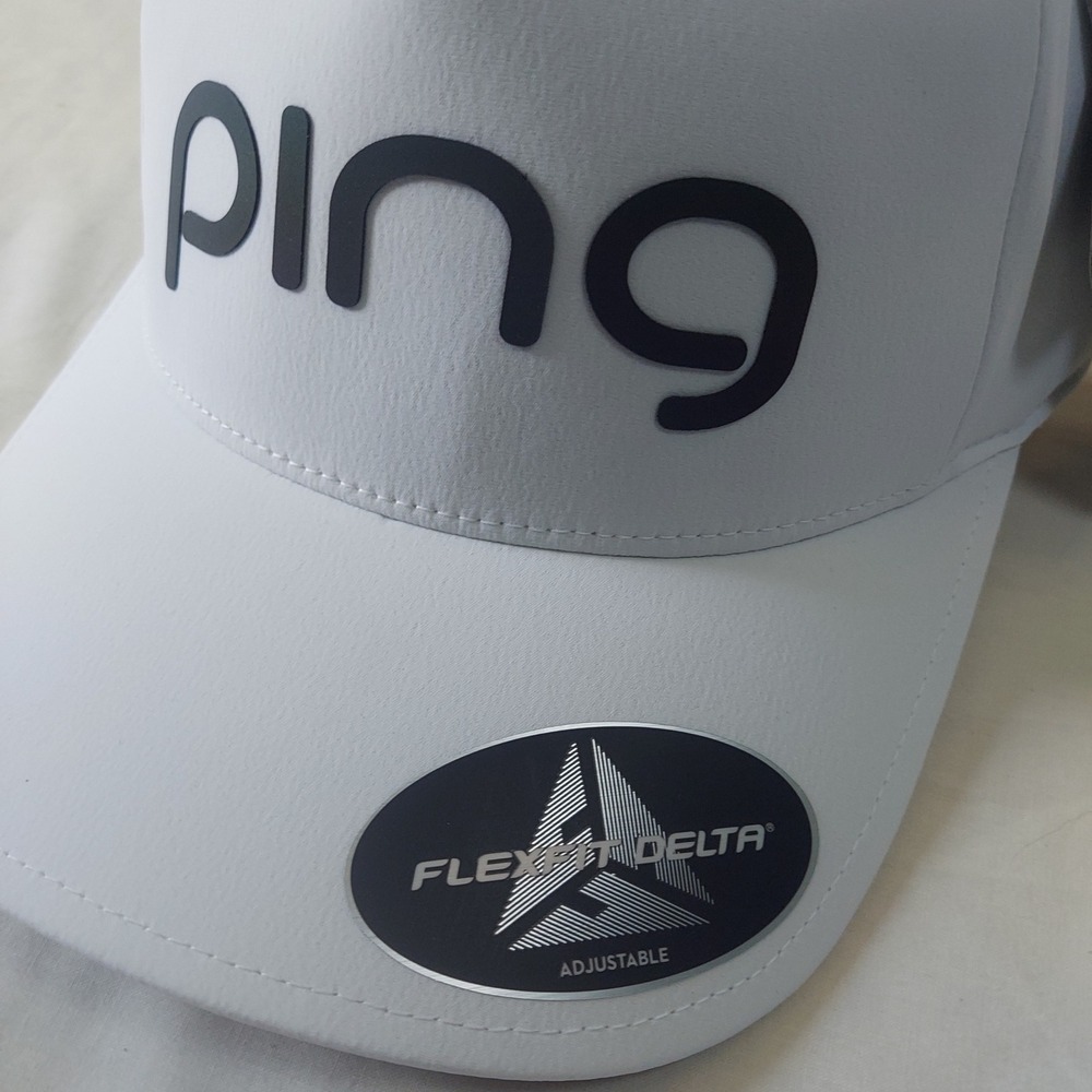 Ping Flexfit Delta Adjustable Golf Hat‎ White Black Logo Performance Cap New